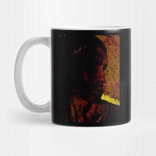 Special processing. The dragon. Man looking on to the side. Head. Lot of strokes. Orange. Mug